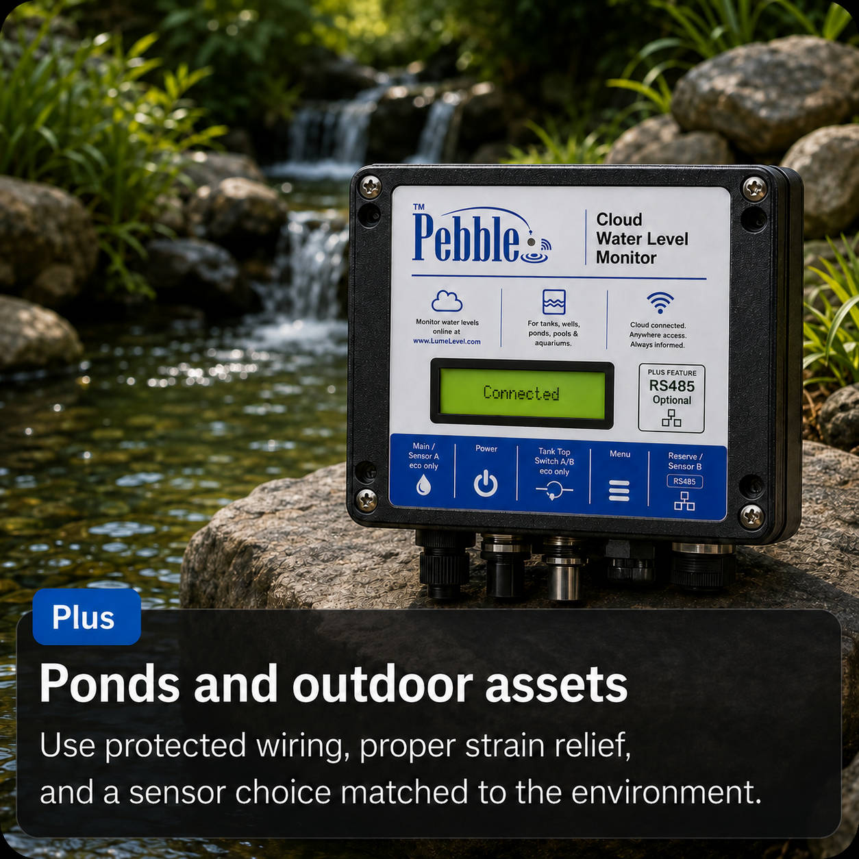 Pebble monitoring ponds and outdoor water assets